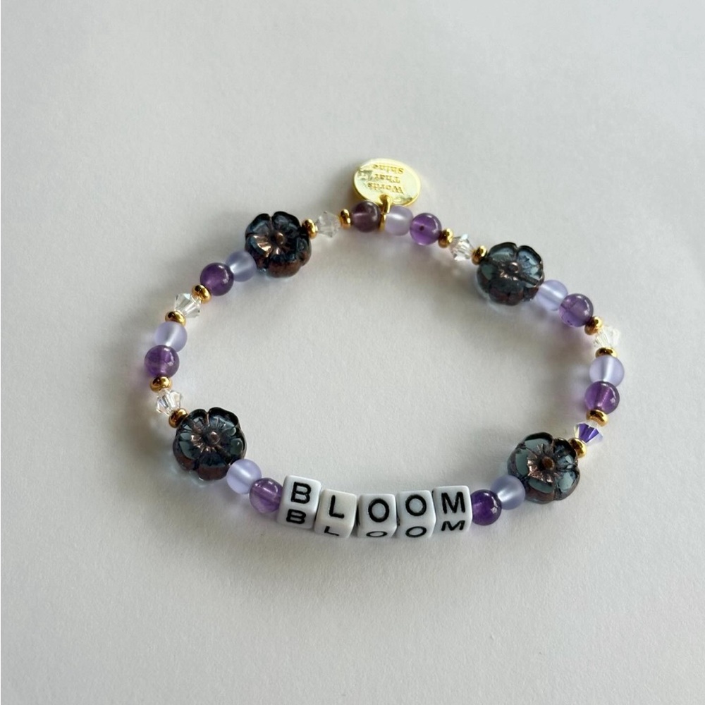 Bloom words that shine little words bracelet with amythyst and glass beads.